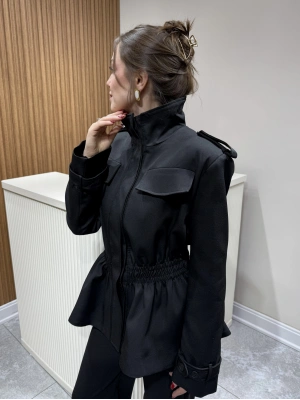 Beli Lastikli Apoletli Ceket Siyah