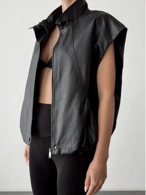 Beli Lastikli Cepli Deri Siyah Yelek