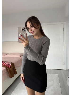 Bisiklet Yaka Fitilli Örgü Kazak Gri