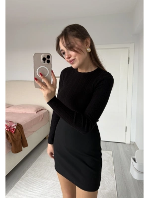 Bisiklet Yaka Fitilli Örgü Kazak Siyah