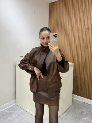 Bomber Deri Ceket Etek Takım Taba