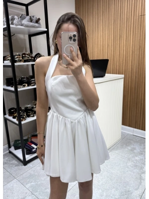 Boyundan Askılı Mini Elbise Beyaz