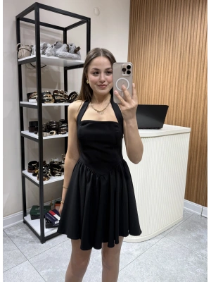 Boyundan Askılı Mini Elbise Siyah