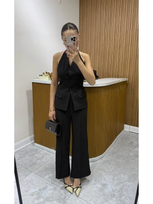 Boyundan Askılı Siyah Yelek Takım