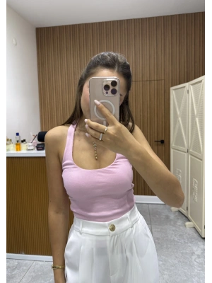 Boyundan Geçirmeli Fitilli Pembe Bluz