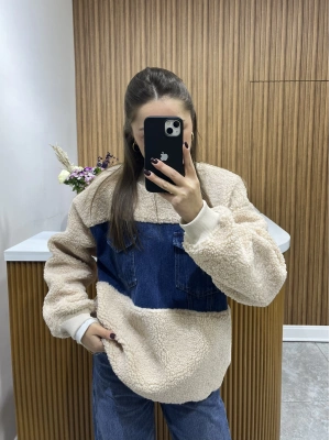 Denim Detalı Teddy Sweat