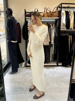 Dokulu Triko Elbise Ekru