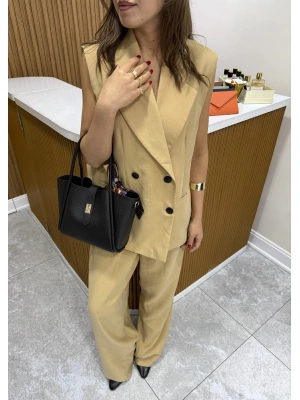 Düğme Detaylı Yelek Pantolon Camel Takım