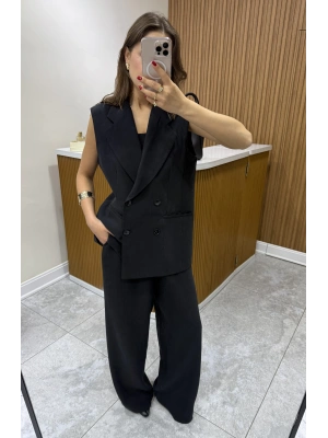 Düğme Detaylı Yelek Pantolon Siyah Takım