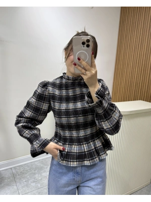 Ekose Desen Balon Kol Bluz