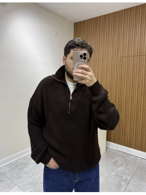 Fermuar Yakalı Triko Kahve