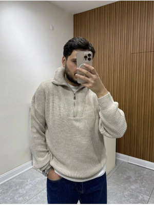 Fermuar Yakalı Triko Vizon