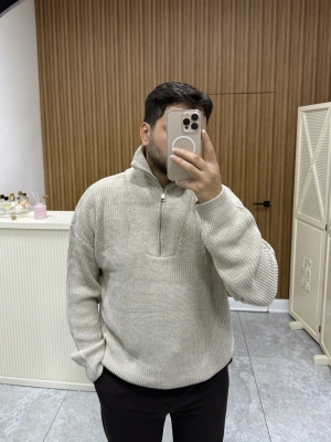 Fermuar Yakalı Triko Vizon