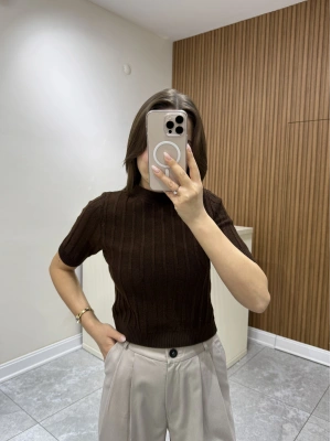 Fitilli Kısa Kol Kazak Acı Kahve