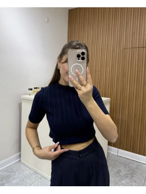 Fitilli Kısa Kol Kazak Lacivert