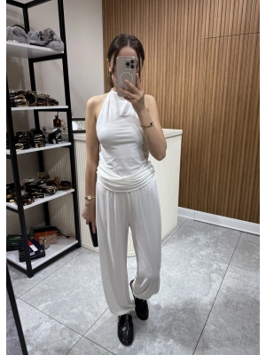 Halter Yaka Büzgülü Bluz Pantolon Takım Beyaz