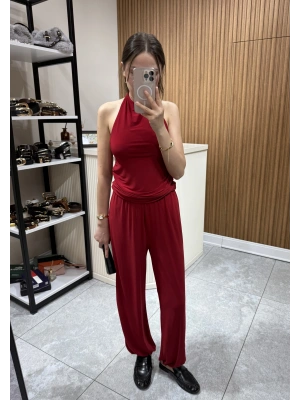 Halter Yaka Büzgülü Bluz Pantolon Takım Kırmızı