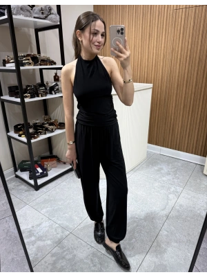 Halter Yaka Büzgülü Bluz Pantolon Takım Siyah
