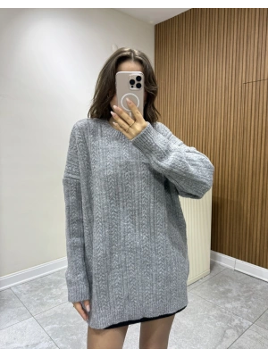 Hasır Örgü Salaş Kazak Gri