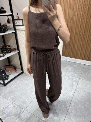 Jakarlı Bluz Pantolon Takım Kahve