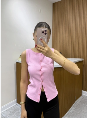 Kalın Askılı Düğmeli Bluz Pembe