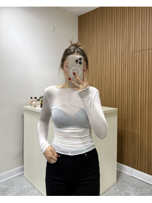 Kayık Yaka Transparan Bluz Beyaz