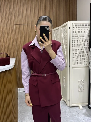 Kemerli Bordo Blazer Yelek