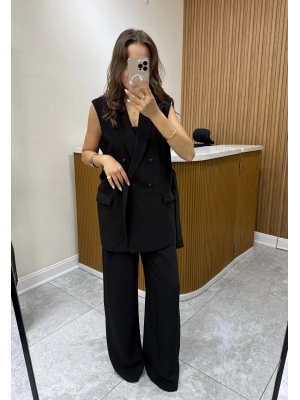 Kemerli Yelek Pantolon Takım Siyah
