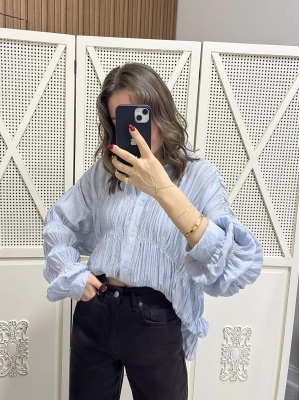 Kırışık Kumaş Dökümlü Gömlek Mavi