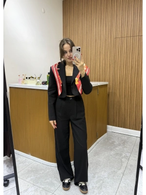 Kısa Ceket Pantolon Siyah Keten Takım