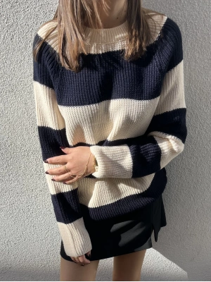 Lacivert Çizgili Örme Triko Kazak