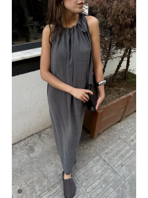 Omuzdan Bağlamalı Tensel Füme Elbise