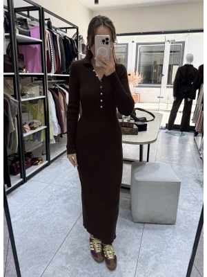 Polo Yaka Acı Kahve Triko Elbise
