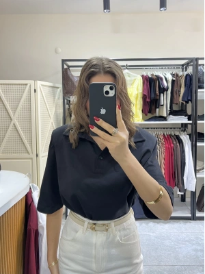 Polo Yaka Vatkalı Tshirt Siyah