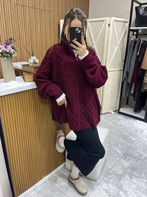 Saç Örgülü Triko Bordo Kazak