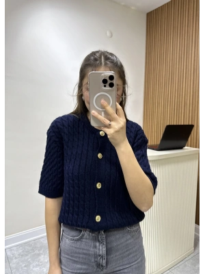 Saç Örgülü Triko Hırka Lacivert