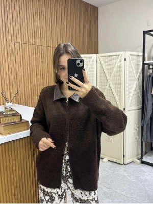 Sakallı Çift Fermuarlı Kahve Hırka