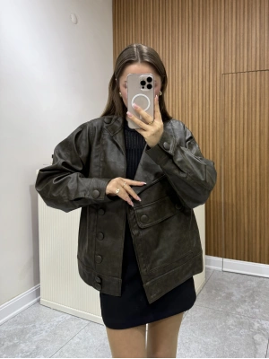 Tasarım Oversize Deri Ceket Haki