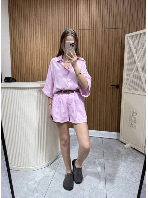 Tensel Gömlek Şort Takım Pembe