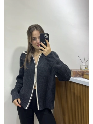 Triko Biye Detaylı Fermuarlı Hırka Antrasit