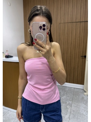 Yanı Yırtmaçlı Drapeli Pembe Straplez Bluz