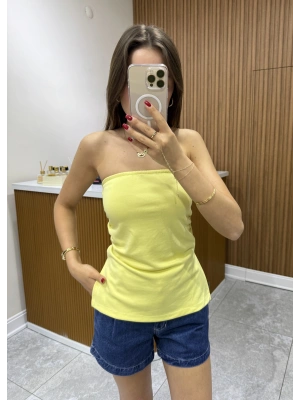 Yanı Yırtmaçlı Drapeli Sarı Straplez Bluz