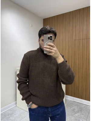 Yarım Balıkçı Triko Kazak Kahve