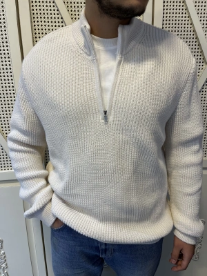 Yarım Fermuarlı Bej Triko