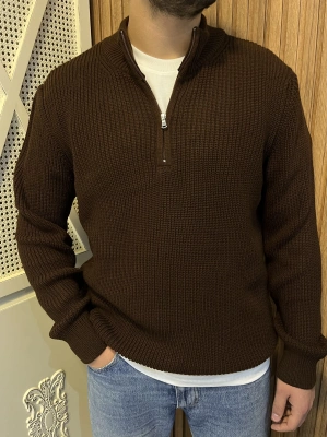 Yarım Fermuarlı Kahve Triko