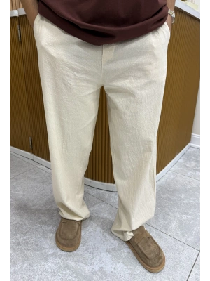 Yıkanmış Keten Baggy Naturel Pantolon
