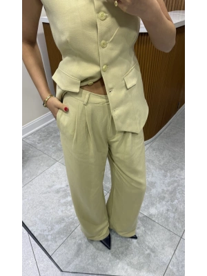 Yüksek Bel Ham Keten Palazzo Pantolon Lime