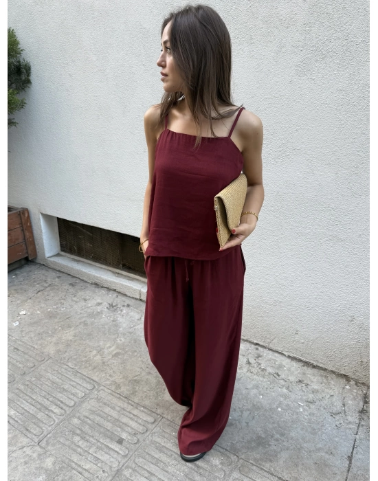 Askılı Bluz Pantolon Bordo Takım