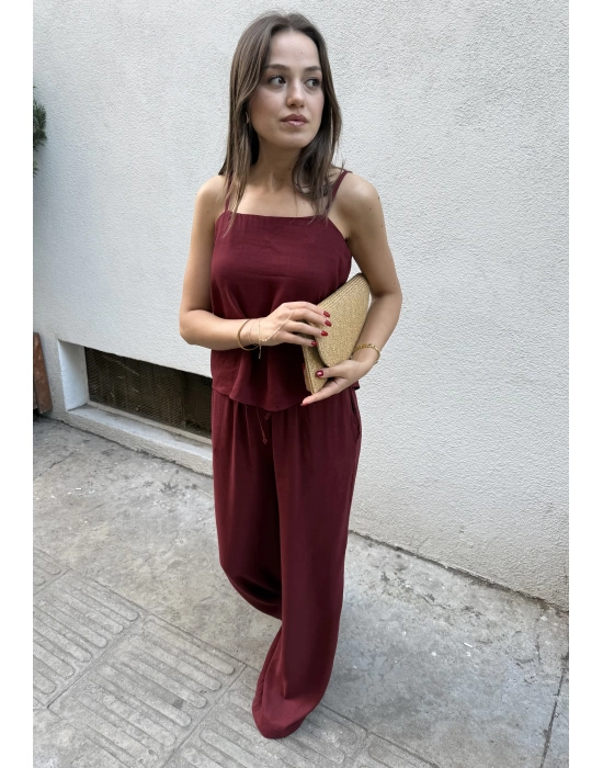 Askılı Bluz Pantolon Bordo Takım