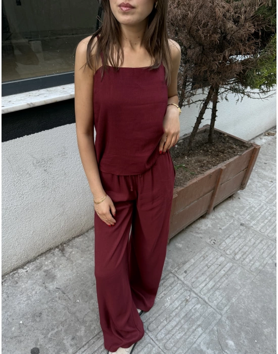 Askılı Bluz Pantolon Bordo Takım
